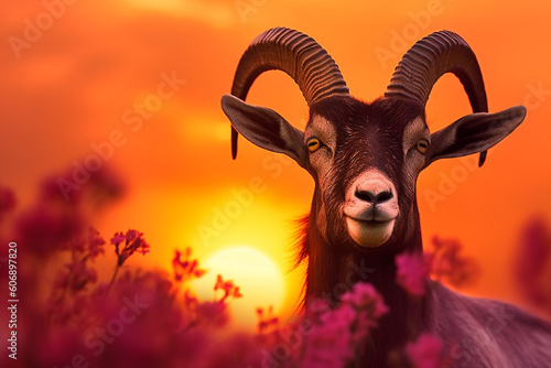 Sunset shot of a goat, Celebration of Eid al-Adha , A goat made with ai photo