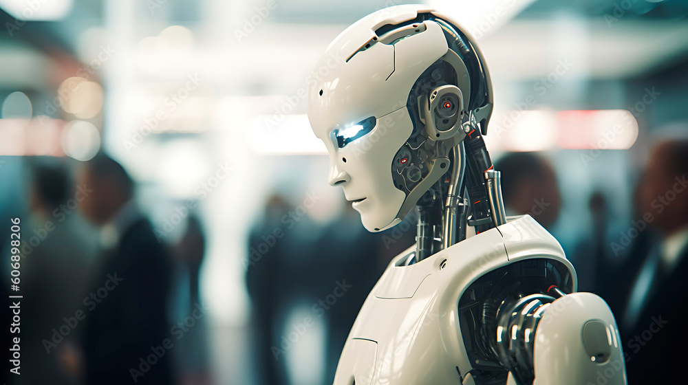 A futuristic humanoid robot interacting with humans in a collaborative work environment. Artificial Intelligence. A futuristic humanoid robot interacting with humans in a collaborative work environment. Artificial Intelligence.