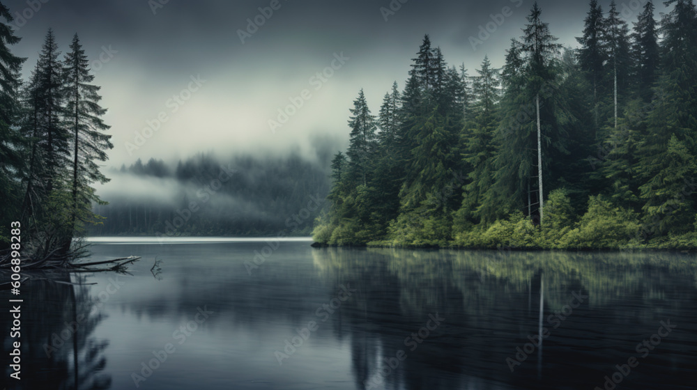 A captivating landscape with a dense forest on the opposite shore of a tranquil lake. Generative AI. A captivating landscape with a dense forest on the opposite shore of a tranquil lake. Generative AI.