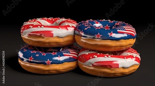 assortment of iced donuts with American flag pattern on icing on dark background . Donut Day in the USA. Generative AI