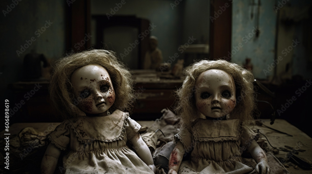 Ancient and terrifying dolls. scary toys. IA generated. Ancient and terrifying dolls. scary toys. IA generated.