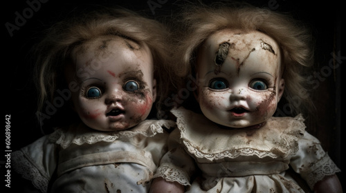 Ancient and terrifying dolls. scary toys. IA generated.