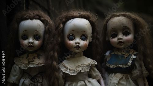 Ancient and terrifying dolls. scary toys. IA generated. © Moon Project