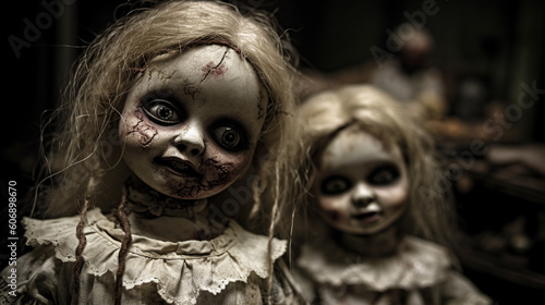 Ancient and terrifying dolls. scary toys. Halloween. IA generated.
