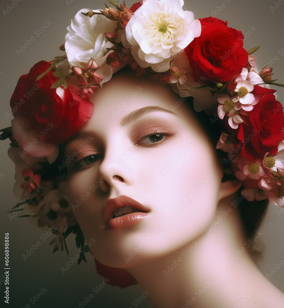 Beautiful young woman with floral wreath. AI generated image. Beautiful young woman with floral wreath. AI generated image.
