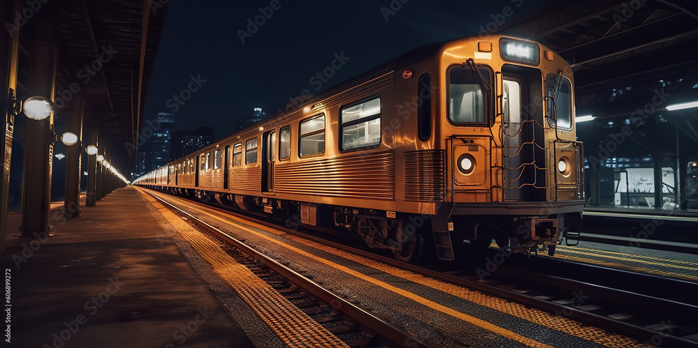 A train on a train track at night. Generative AI.