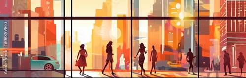  summer city street scene people walk  building vitrines and windows light reflection car traffic  sunny day illustration  banner generated ai