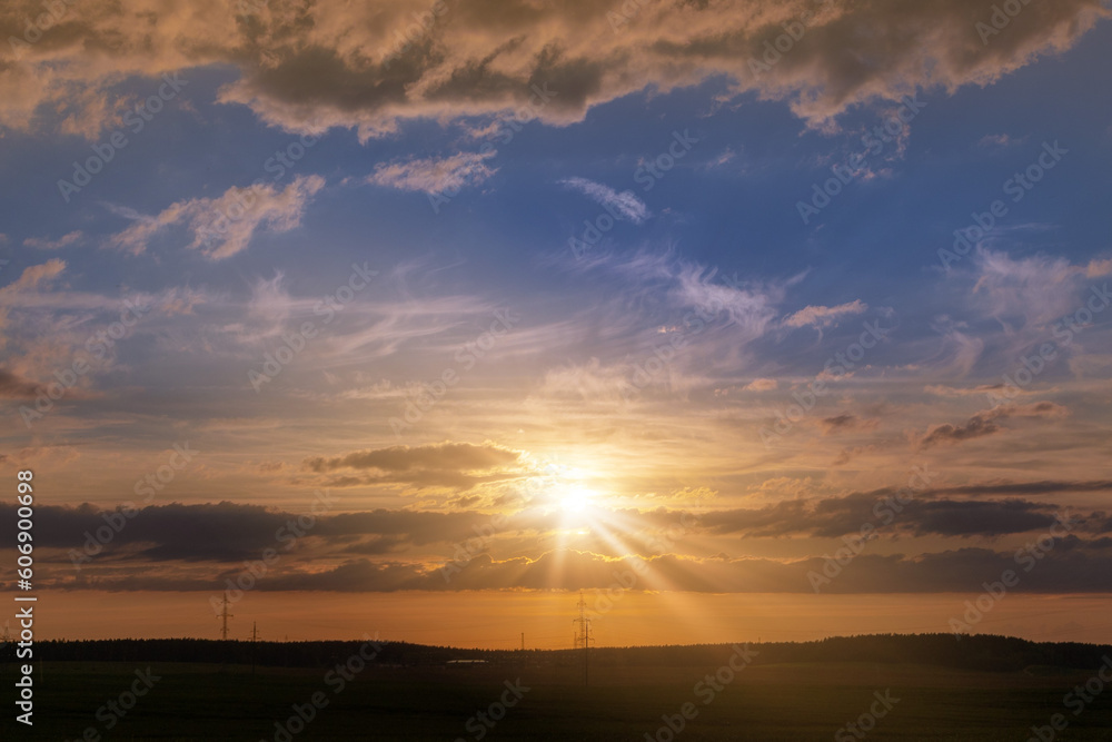 Summer landscape, Sun and sunbeams, sunset sky