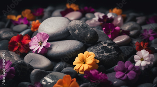 Background of rocks with flowers. Natural landscape. AI generated.