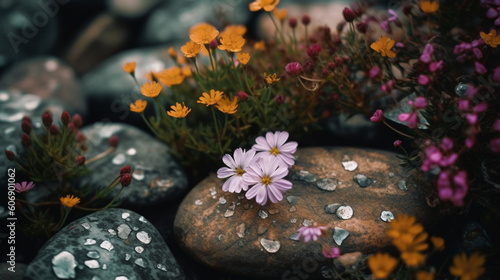 Background of rocks with flowers. Natural landscape. AI generated.