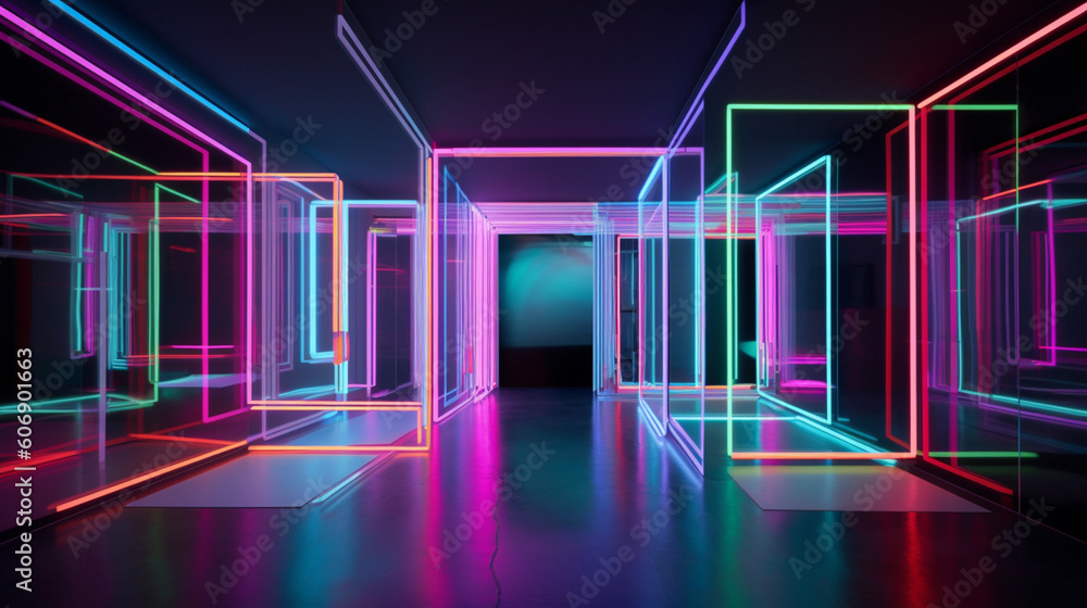 Photography of futuristic rooms with moving neon colors. IA generative.