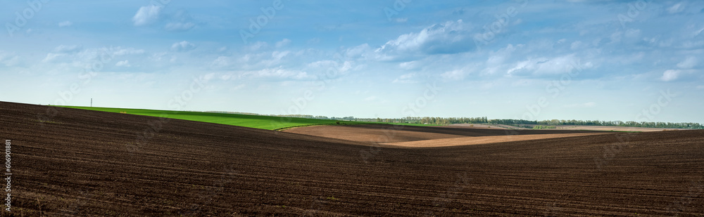 Big panoramic view of colorful hills of plowed dark land and green fields