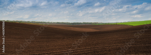 beautiful lines and hills of agrarian landscape plowed field, black soil read...