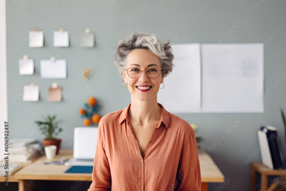 Confident stylish mature mid aged woman standing at home office. Mature businesswoman, blond lady executive business leader manager looking at camera arms crossed, generative AI Confident stylish mature mid aged woman standing at home office. Mature businesswoman, blond lady executive business leader manager looking at camera arms crossed, generative AI