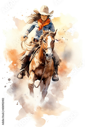 A watercolor painting of a woman riding a horse. Generative AI.