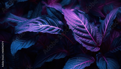 Abstract natural background. Exotic purple neon leaves pattern.