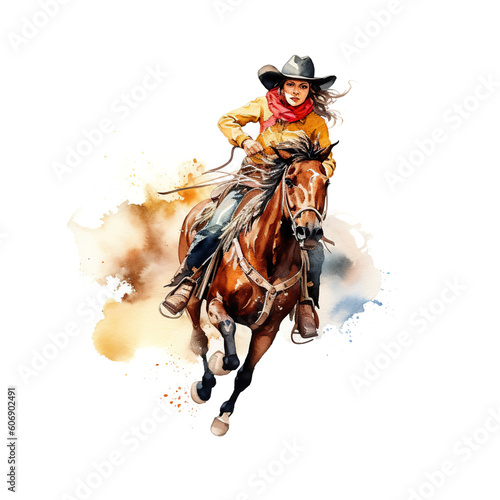 A woman in a cowboy outfit riding a horse. Generative AI. © tilialucida
