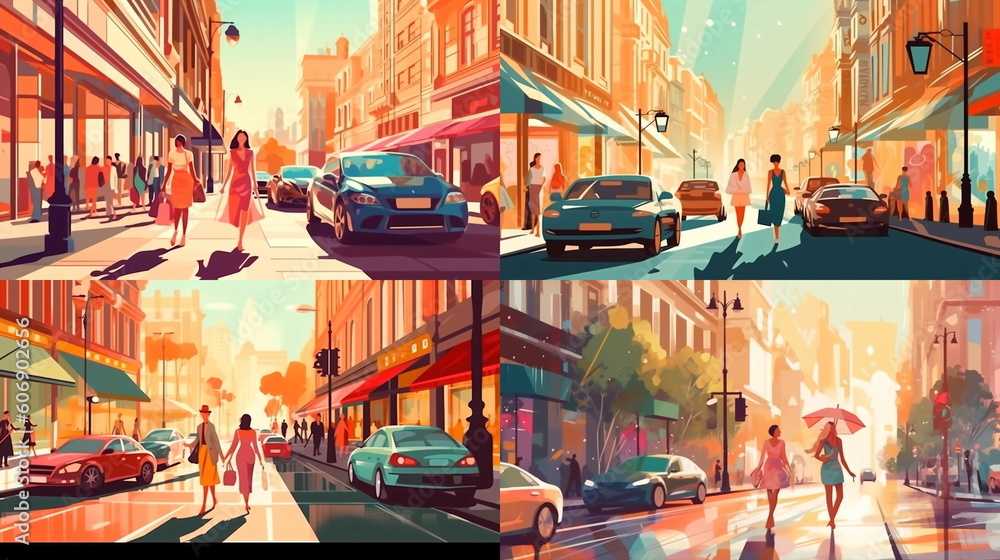 Naklejka premium summer city street scene,people walk ,building vitrines and windows light reflection,car traffic ,sunny day illustration banner,generated ai