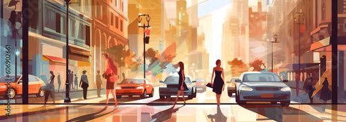  summer city street scene,people walk ,building vitrines and windows light reflection,car traffic ,sunny day illustration banner,generated ai
