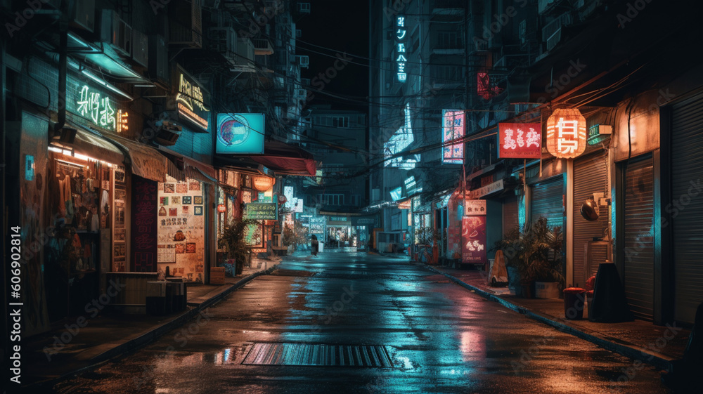 Photography of streets with neon lights. IA generative.