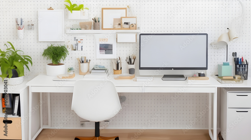 Office interior with furniture. computer with a blank empty white display screen (Generative AI Technology) Office interior with furniture. computer with a blank empty white display screen (Generative AI Technology)