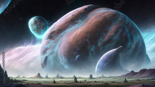 Ancient Alien Civilization Ruins in an Outer World in the Cosmos with Planets, Stars, Galaxies, and Nebules in The Horizen - AI Generative