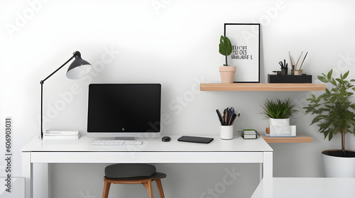 Office interior with furniture. computer with a blank empty white display screen (Generative AI Technology) © Dhananjaya
