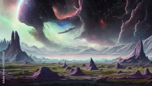 Ancient Alien Civilization Ruins in an Outer World in the Cosmos with Planets, Stars, Galaxies, and Nebules in The Horizen - AI Generative