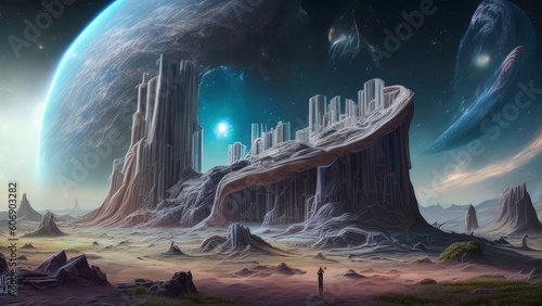 Ancient Alien Civilization Ruins in an Outer World in the Cosmos with Planets, Stars, Galaxies, and Nebules in The Horizen - AI Generative