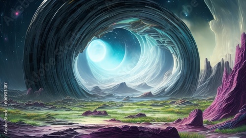 Ancient Alien Civilization Ruins in an Outer World in the Cosmos with Planets, Stars, Galaxies, and Nebules in The Horizen - AI Generative