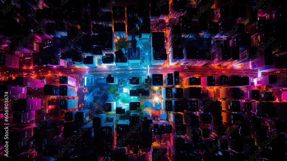 minimalist satellite, drone, aerial view of a big city, neon light - Generative AI