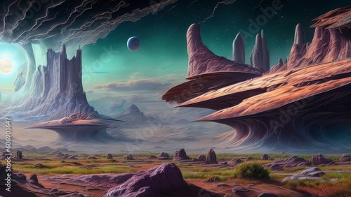 Ancient Alien Civilization Ruins in an Outer World in the Cosmos with Planets, Stars, Galaxies, and Nebules in The Horizen - AI Generative