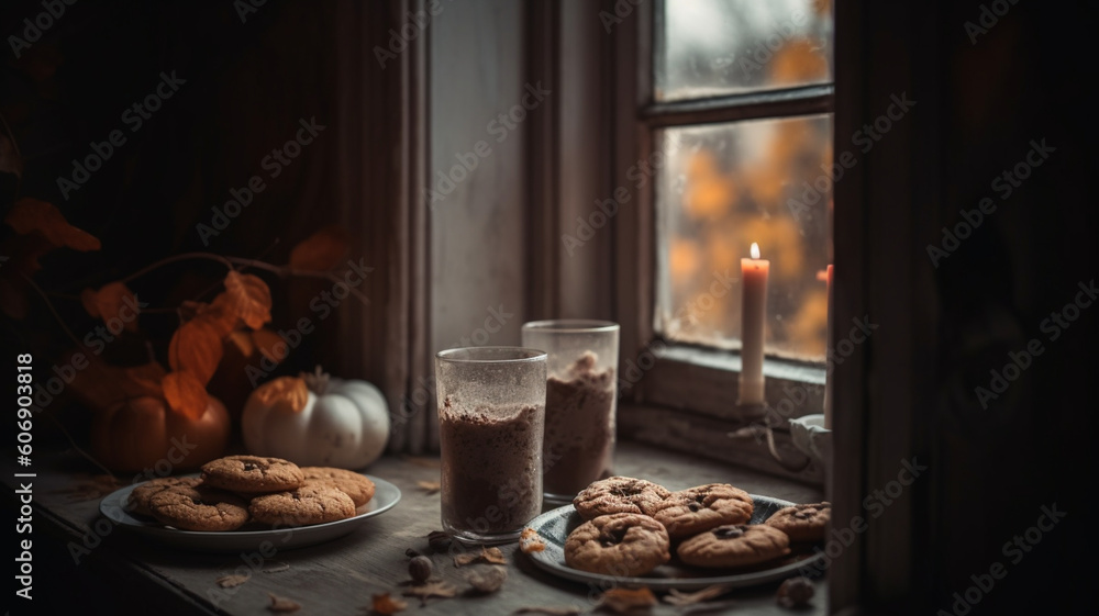 Photography of a hot chocolate with cookies in a window with an autumn day, warm atmosphere. IA generative.