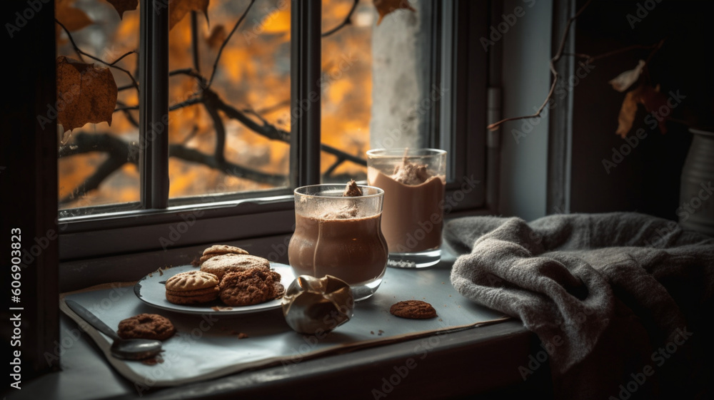 Photography of a hot chocolate with cookies in a window with an autumn day, warm atmosphere. IA generative. Photography of a hot chocolate with cookies in a window with an autumn day, warm atmosphere. IA generative.