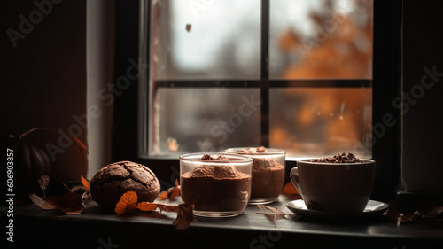 Photography of a hot chocolate with cookies in a window with an autumn day, warm atmosphere. IA generative. © Moon Project
