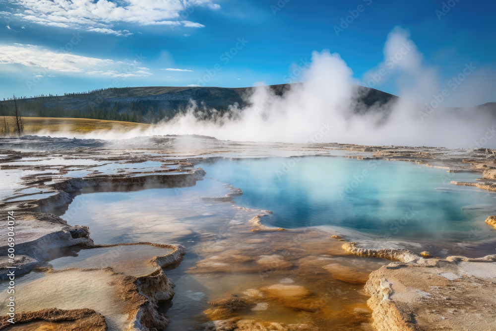 The geothermal hot springs of Yellowstone National Park, USA, with steam rising from the pools against a backdrop of rugged mountains - Generative AI