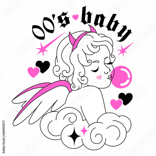 Glamour 00's baby angel with bubble gum. Y2K gothic aesthetic cupid.Cute glam goth girl with pink wings, funny horns, hearts. Fun weird character and slogan. 90s, 00s graphic, anti valentine style.