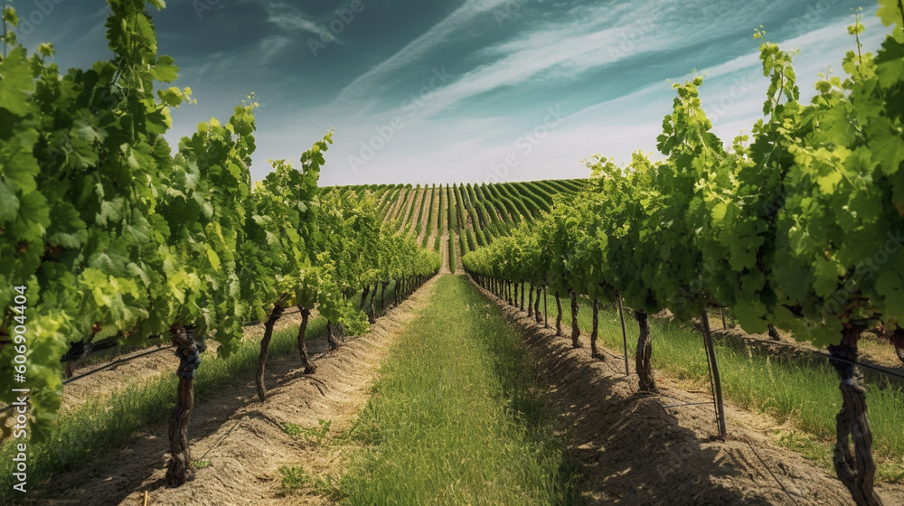 A vineyard with rows of lush green grapevines stretching into the distance Generative AI
