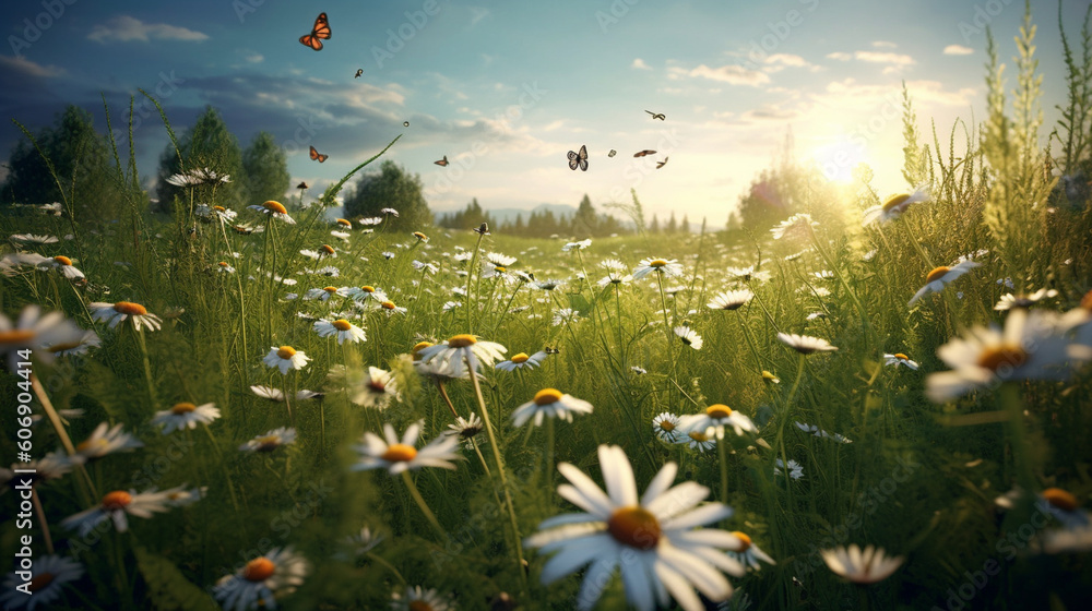 Fotografie A serene meadow dotted with daisies and buzzing with butterflies Generative AI