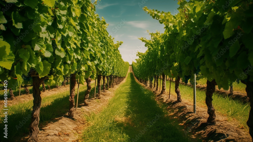 A vineyard with rows of lush green grapevines stretching into the distance Generative AI