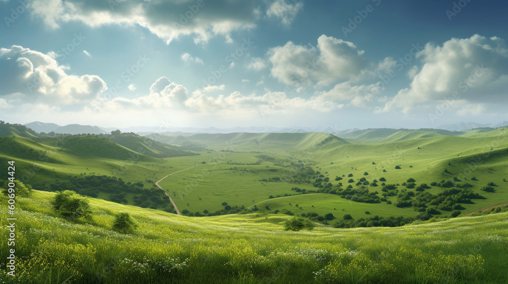 A serene landscape with rolling hills covered in rich green grass Generative AI