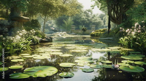 A serene pond covered in floating lily pads and surrounded by verdant foliage Generative AI