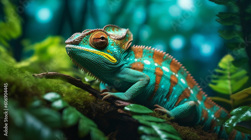A close-up of a vibrant green chameleon blending seamlessly into its leafy environment Generative AI © Наталья Евтехова
