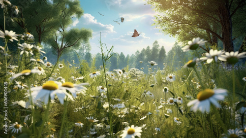A serene meadow dotted with daisies and buzzing with butterflies Generative AI