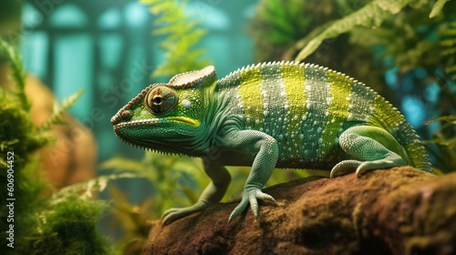 A close-up of a vibrant green chameleon blending seamlessly into its leafy environment Generative AI