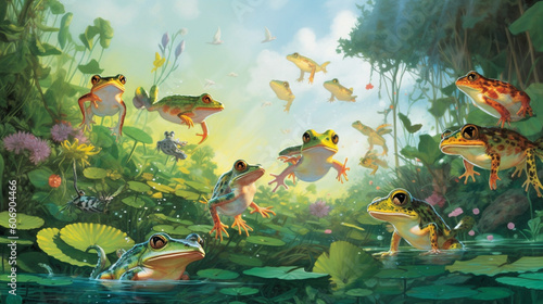 A group of playful frogs leaping through a pond surrounded by lush greenery Generative AI