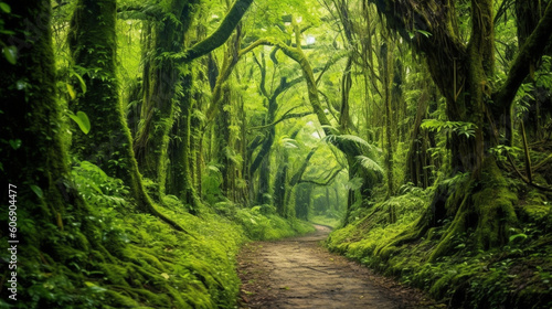 A hidden pathway leading through a dense forest of tall  green trees Generative AI