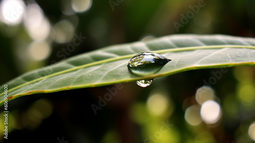 A macro shot of a single water droplet suspended on the edge of a green leaf Generative AI