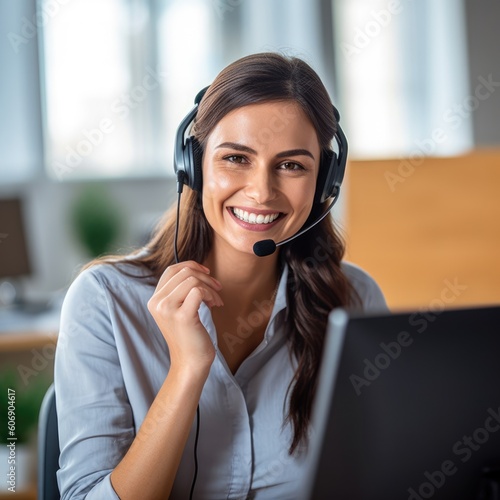 Fotografiet Call center, young woman and smile in contact us with CRM, headset with mic and mockup space