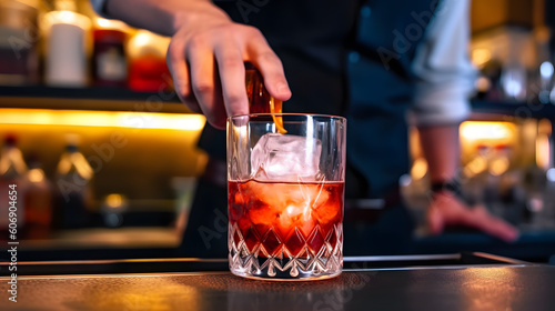 man bartender hand making negroni cocktail. Negroni classic cocktail and gin short drink with sweet vermouth, red bitter liqueur
